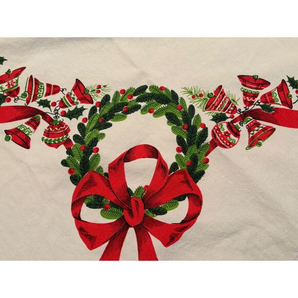 Vintage Christmas Printed Tablecloth Poinsettias Wreaths AS IS - Picture 4 of 7